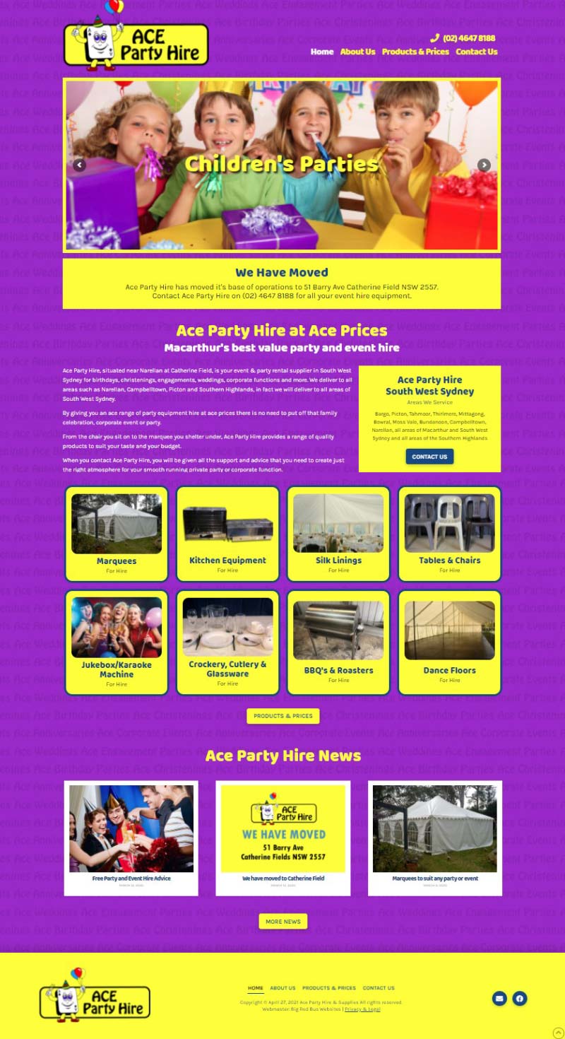 Ace Party Hire website designed by Big Red Bus Websites - ezample 1