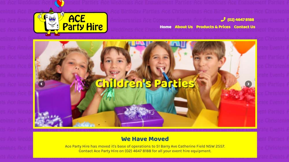 Featured image for “Ace Party Hire” website designed by Big Red Bus Websites
