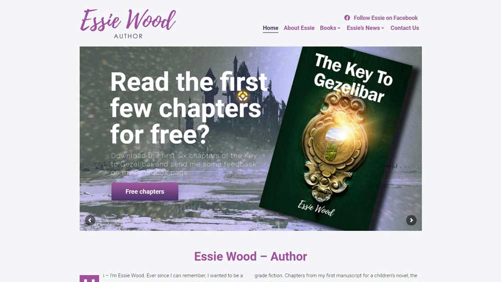 Essie Wood – Author website designed by Big Red Bus Websites - desktop view 