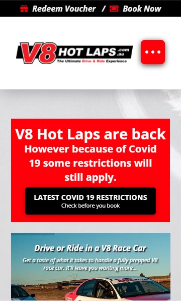 V8 Hot Laps website designed by Big Red Bus Websites - mobile view