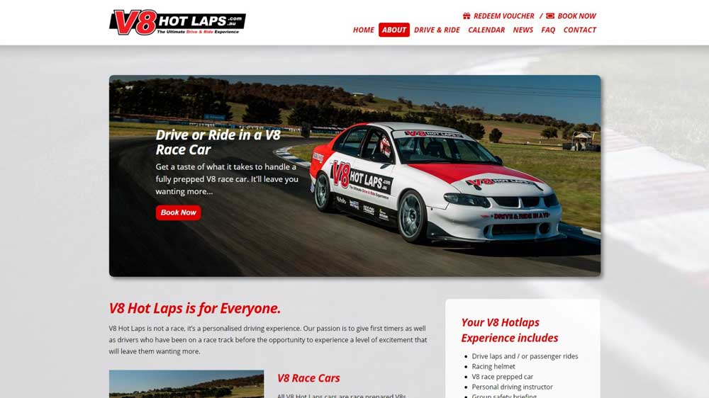 V8 Hot Laps website designed by Big Red Bus Websites - desktop view 