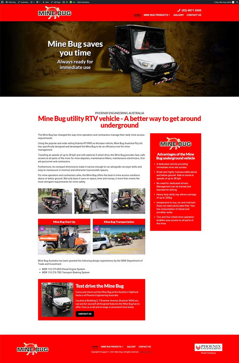 Mine Bug website designed by Big Red Bus Websites - ezample 1