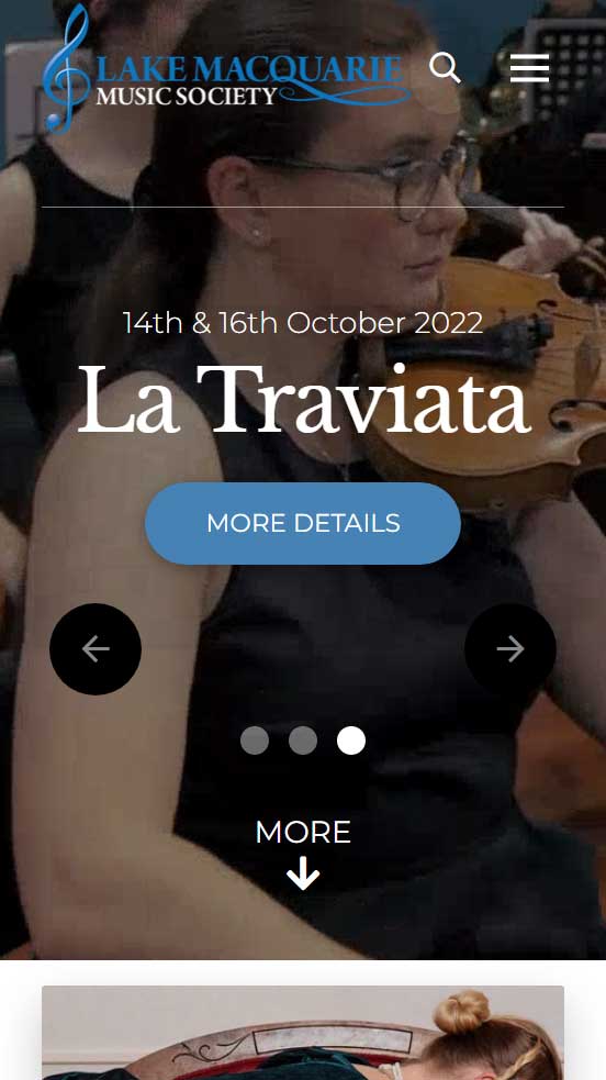 Lake Macquarie Music Society website designed by Big Red Bus Websites - mobile view